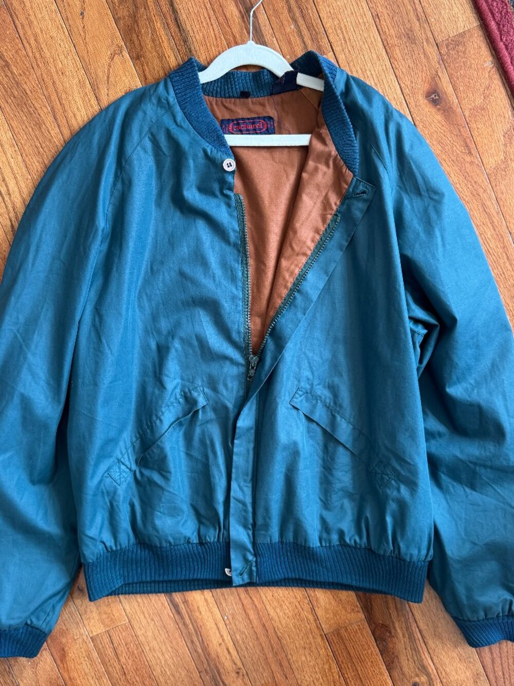 Vintage Cacharel Teal Bomber Jacket with Brown Lining, Size M